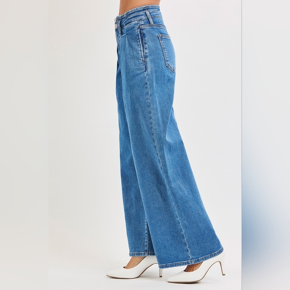 Risen MR Medium Wash Wide Leg Jeans Pleated Double Button Retro 80's Various NEW - Picture 8 of 15